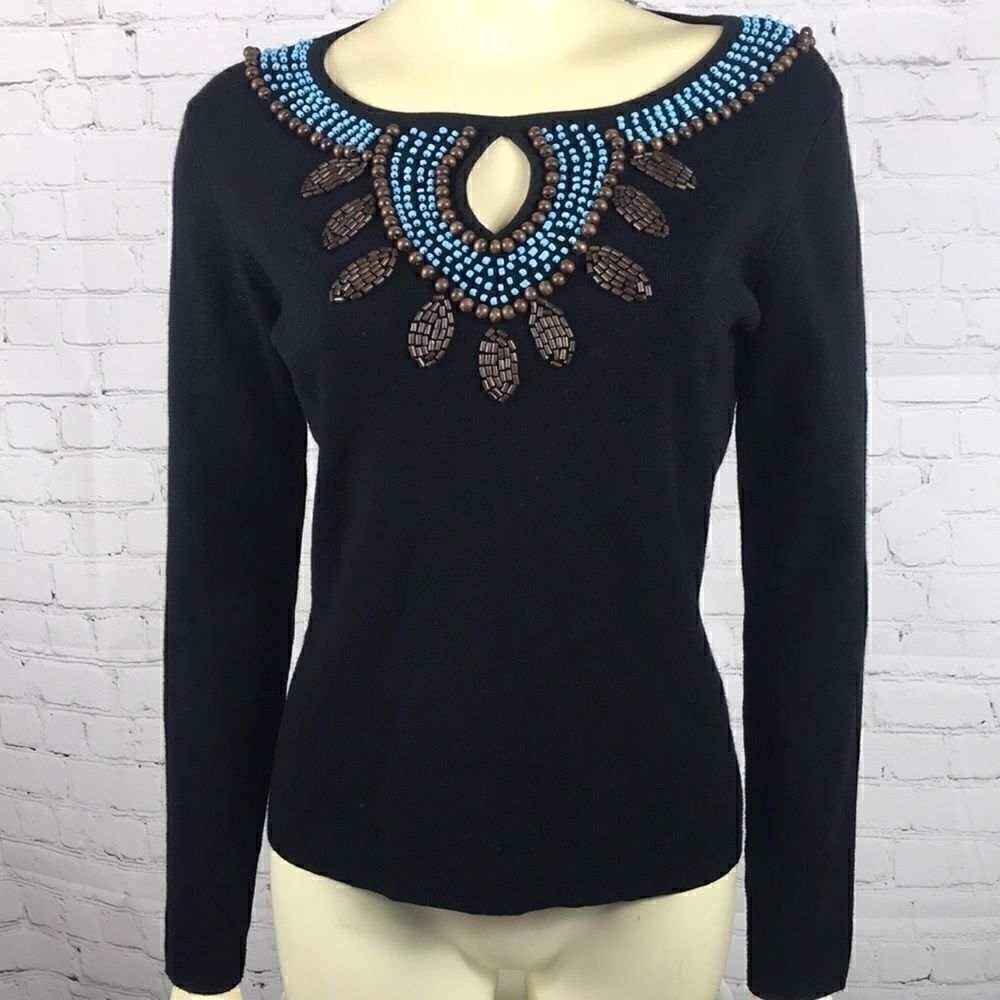 Willi Smith Blk Knit sweater with Beading Sz M EUC